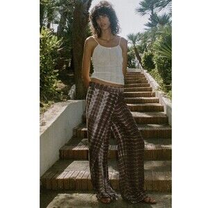 NWT ZARA Front Wrap Wide Leg Pants detail Brown Tie Dye Linen Blend  Size M